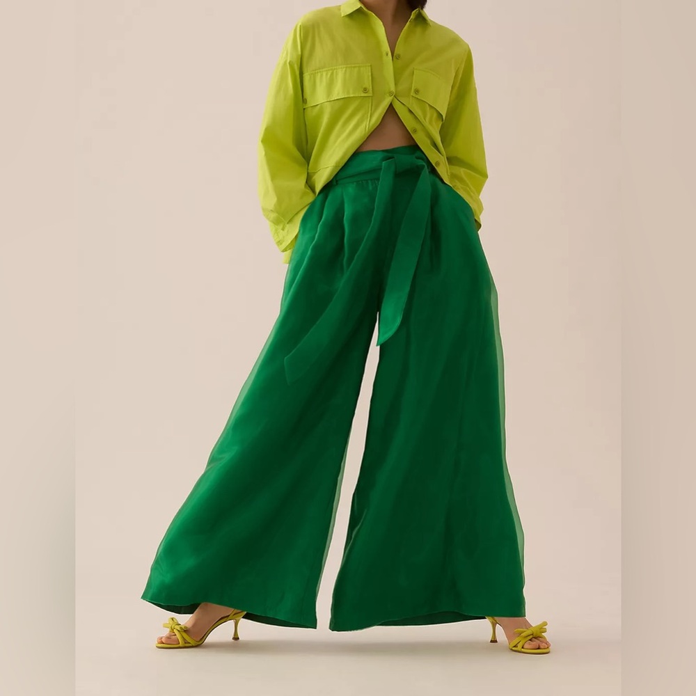 Wide Leg High-Rise Green Palazzo Pants